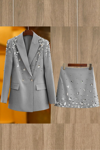 Embellished Grey Blazer & Skirt Set - Sequin-Studded