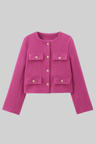 Elegant Tweed Button-Up Blazer with Gold Embellished Buttons