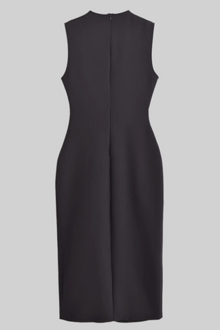 Belted Sleeveless Crepe Midi Dress with Gold Button Detail