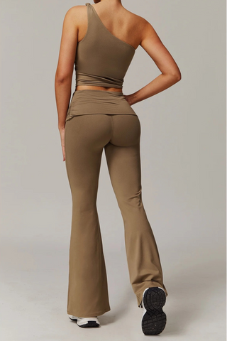 Padded One-Shoulder Sport Set with Flared Pants