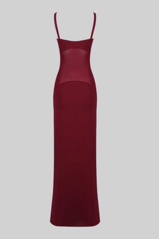 Burgundy Sheer Panel Spaghetti Strap Long Dress