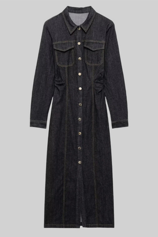 Dark Wash Button-Up Denim Long Midi Dress with Long Sleeves and Pocket Detail
