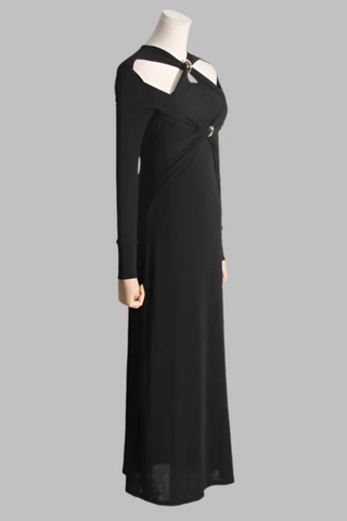 Gold Accent Cutout Long Sleeve Long Dress