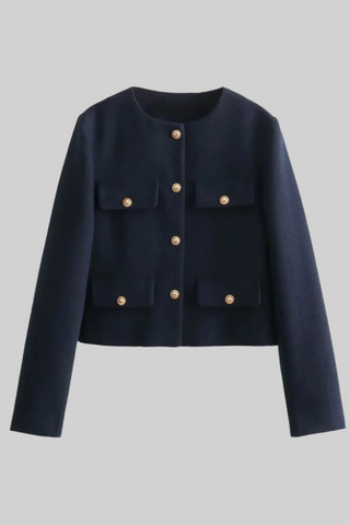 Elegant Tweed Button-Up Blazer with Gold Embellished Buttons