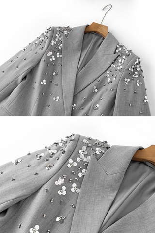 Embellished Grey Blazer & Skirt Set - Sequin-Studded