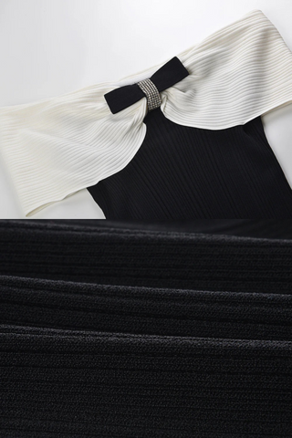 Off-Shoulder Bow Detail Ribbed Knit Long Dress