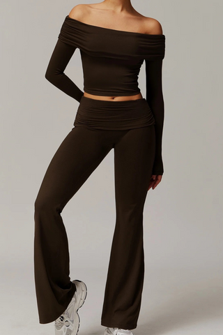 Off-Shoulder Long-Sleeve Sport Top & Flare Pants Set