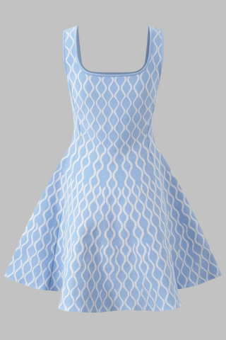 Light Blue and White Patterned Knitted Sleeveless Mini Dress with Square Neckline
