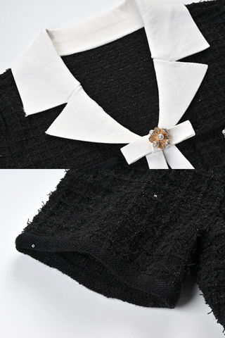 Elegant Short Sleeve Bow Tweed Mini Dress