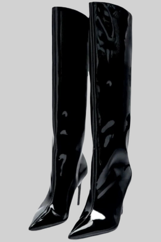Glossy High-Shine Patent Leather Pointed Toe Knee Boots