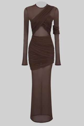 Long Asymmetric Sheer Mesh Dress with Draped Ruched Skirt