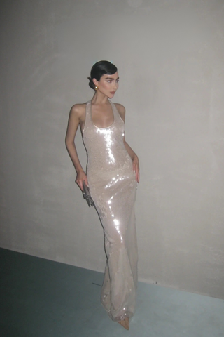 Sleeveless Sequin Halter Long Dress with High Slit