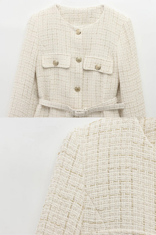 Belted Textured Tweed Suit Jacket – Elegant Button-Front Blazer with Pocket Detail