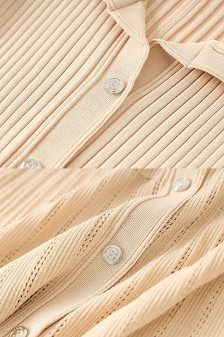 Short Sleeve Pearl Collar Ribbed Knit Midi Dress – Button Front