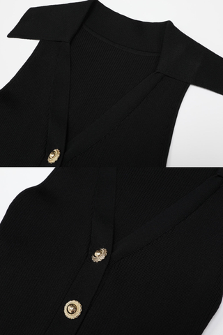 Ribbed Knit Sleeveless Collared V-Neck Long Dress with Gold Buttons & Flared Skirt