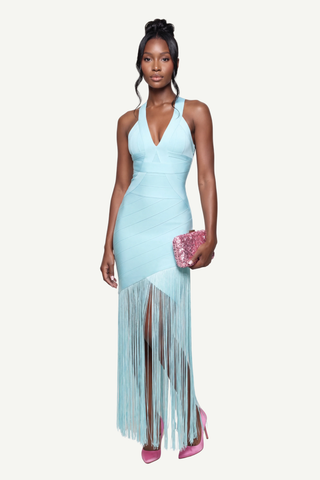 Luxe Sleeveless Fringe Bandage Midi Dress with Deep V-Neck
