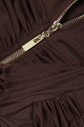 Long Asymmetric Sheer Mesh Dress with Draped Ruched Skirt