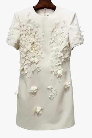 Floral Appliqué Mini Dress – Short Sleeve with Structured Fit