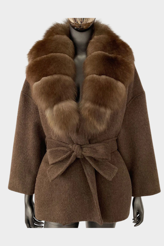 Faux Fur Collar Long-Sleeve Wool Coat – Tie Belt & Oversized Collar