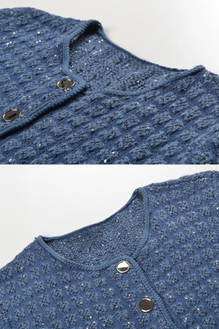 Chic Textured Cropped Jacket – Button Front, Long Sleeve, Round Neck