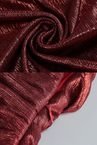 Strapless Metallic Pleated Long Dress with High Slit