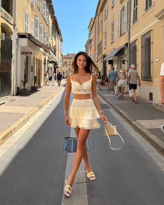 Crochet Bustier Top & Fringe Mini Skirt Set