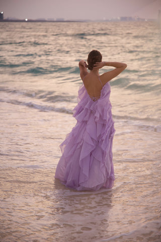 Floral Ruffle Organza Long Dress with Halter Neck