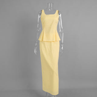 Sleeveless Linen-Blend Peplum Top & Long Skirt Co-Ord Set with Lace-Up Back