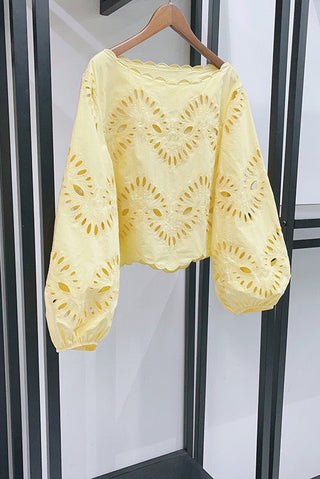 Sunshine Eyelet Co-Ord Set – Statement Sleeves, Scalloped Hem & Embroidered Shorts