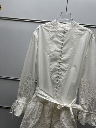Embroidered Tie-Waist Ruffle Long Sleeve Mini Dress