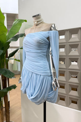 Romantic Draped Off-Shoulder Mini Dress with Sheer Sleeves & Sculpted Fit