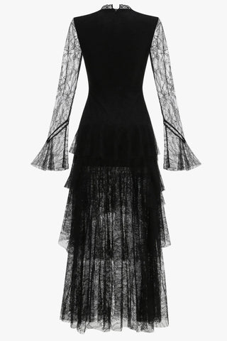 Tiered Lace Ruffle Long Dress with Flared Sleeves