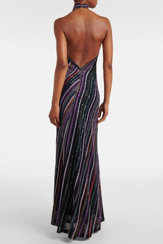 Halter Neck Open-Back Striped Knit Long Evening Dress