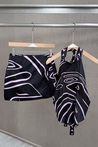 Abstract Swirl Print Satin Halter Top & High-Waisted Mini Skirt Set