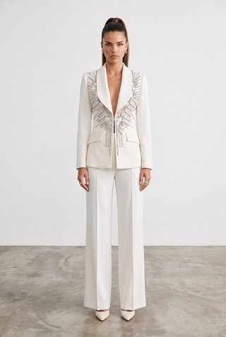Crystal Embellished Shawl Collar Blazer & Wide Leg Pants Set
