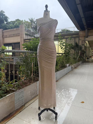 One-Shoulder Shimmer Mesh Long Evening Dress
