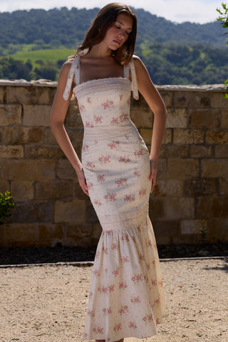 Floral Print Long Dress – Lace Trim, Tie Straps, Defined Waist & Corset Back