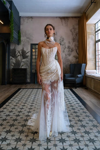 Lace Corset Draped Sheer Long Dress