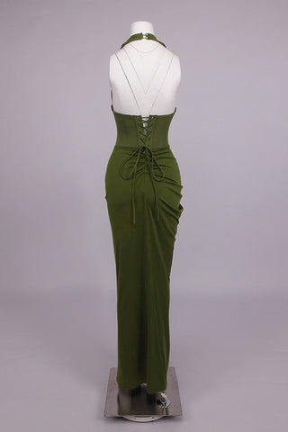 Halter Neck Corset Sleeveless Long Dress with Draped Slit