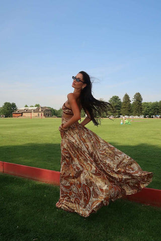 Strapless Printed Chiffon Long Dress – Sleeveless, Fluid Draped Fit with Open Back