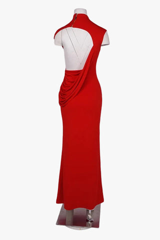 Open Back High Neck Long Evening Dress with Draped Detail