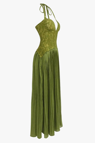 Lace Corset Halter Neck Pleated Long Dress with Lace-Up Back