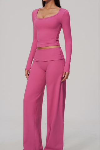 Scoop Neck Long Sleeve Top & Foldover Wide-Leg Pants Set