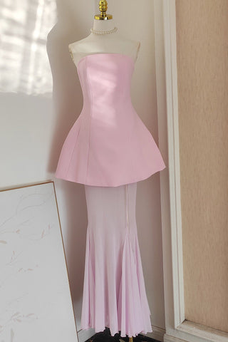 Strapless Crepe Peplum Corset Long Dress with Flowy Mesh Skirt