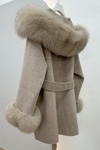 Long Wool Coat with Faux Fur Hood and Cuff Trim – Belted Design