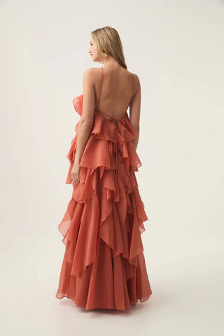 Floral Ruffle Organza Long Dress with Halter Neck