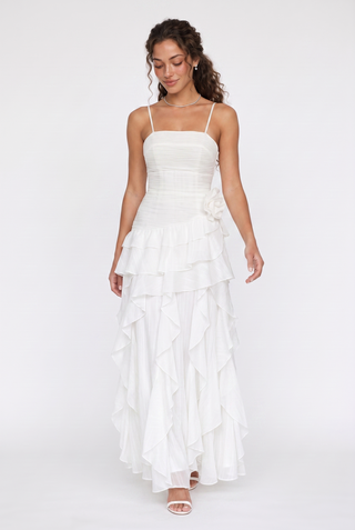 Statement Pleated Strapless Corset Long Dress with Dramatic Ruffles & Floral Detail