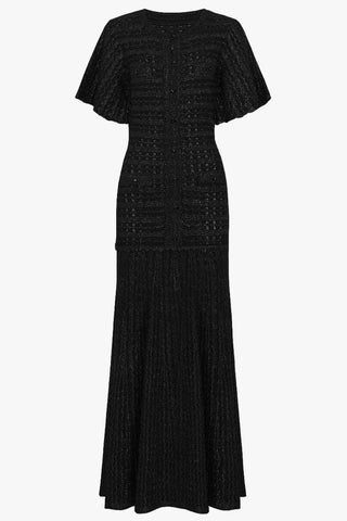 Crystal Embellished Textured Knit Short Sleeve Long Dress
