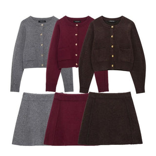 Gold Button Knit Cardigan and A-Line Mini Skirt Set