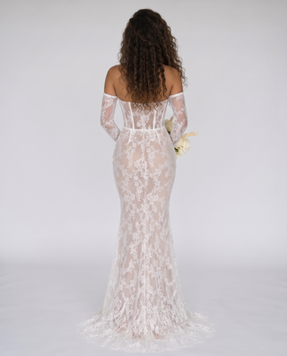Floral Lace Corset Off-Shoulder Long Dress with Sheer Lace Sleeves
